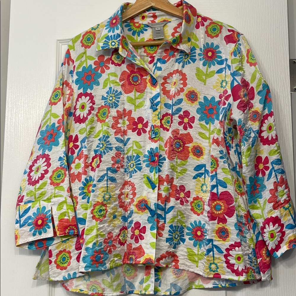 Floral print shimmer woven button front shirt size PL. 3/4 sleeves NEW